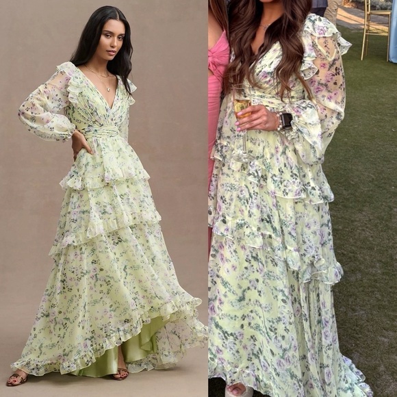 Mac Duggal Dresses & Skirts - MAC DUGGAL Green Floral Chiffon Tiered Ruffle Dress 6